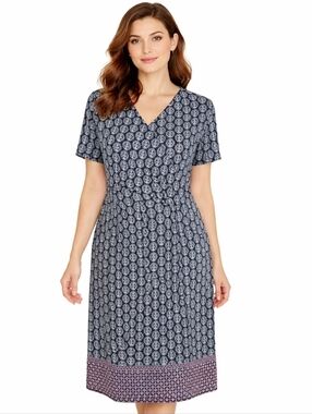 Talbots Faux Wrap Midi Dress Size 1X Navy White Pink Pullover Short Sleeve